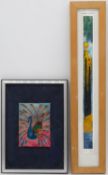 A framed and glazed enamel artwork of a peacock, unsigned and a framed and a glazed ceramic