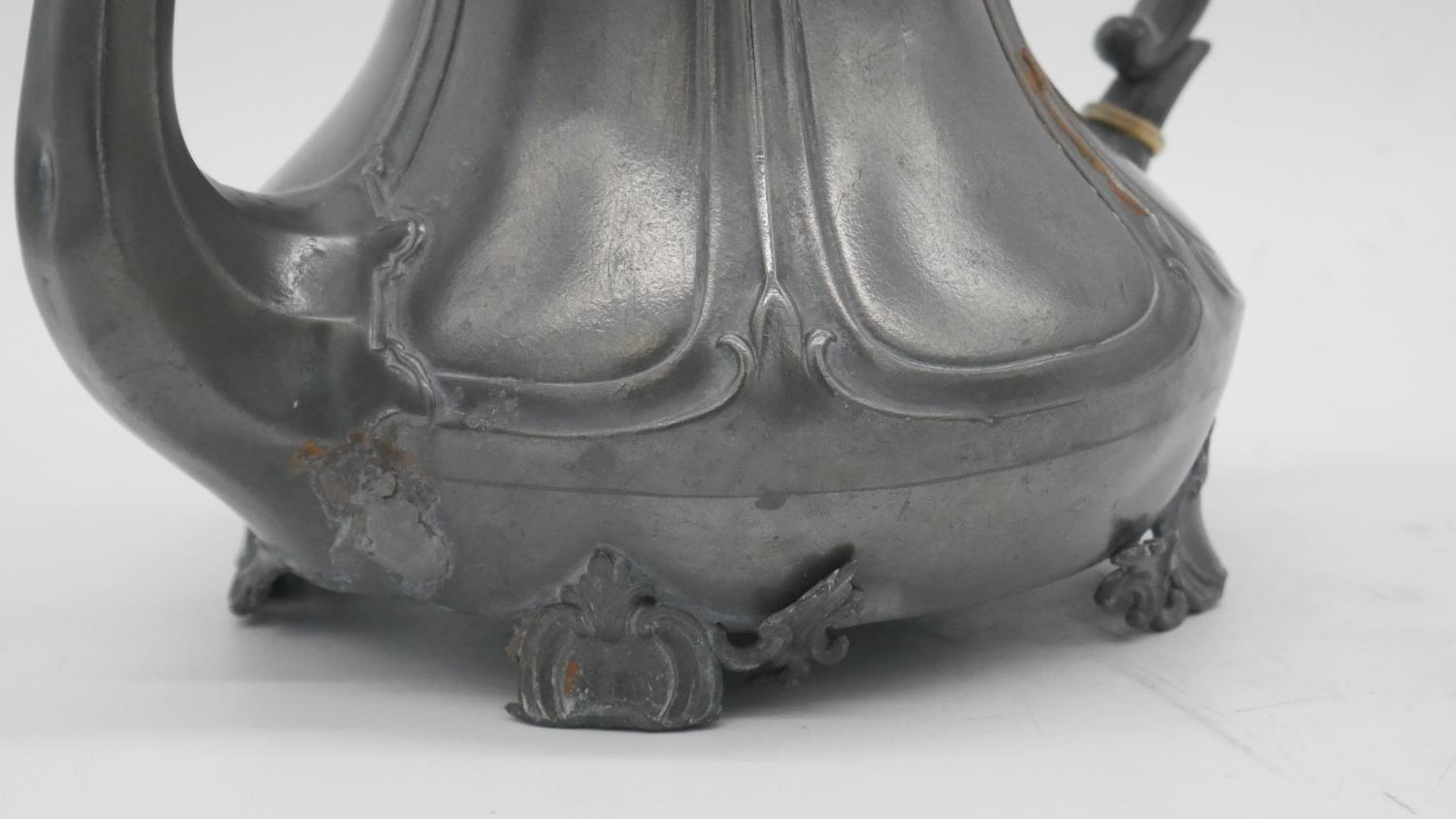 A 19th century pewter Shaw & Fisher gourd teapot with two pewter twin handled warming dishes by - Image 4 of 9
