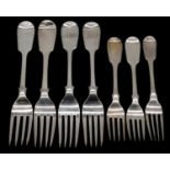 Seven silver forks. Including four large serving forks, hallmarked WRS for William Rawlings Sobey,