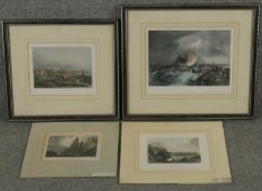 Four antique hand coloured engravings over various points of interest, two framed and glazed. H.35