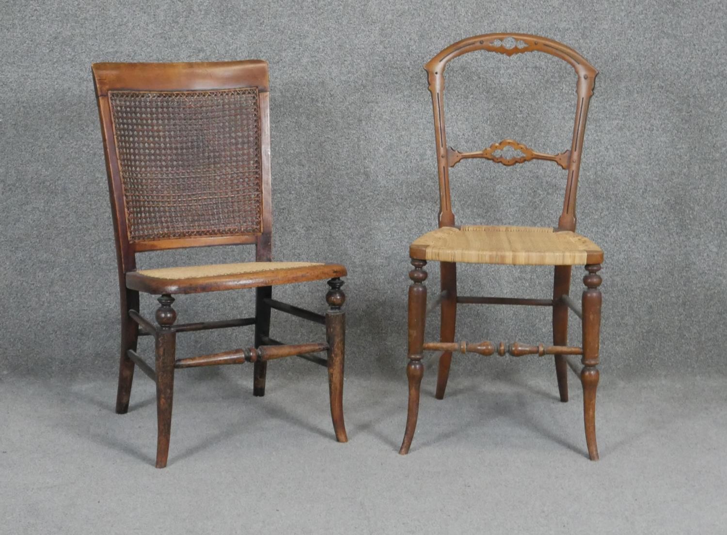 A 19th century walnut bedroom chair with woven seat and a similar caned seat beech chair.