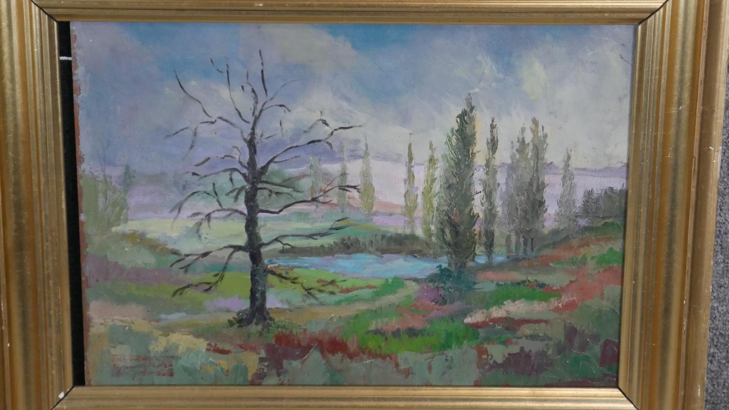 Jean Baptiste Grancher (1911-1974). A gilt framed oil on board, landscape, gallery label to the