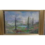 Jean Baptiste Grancher (1911-1974). A gilt framed oil on board, landscape, gallery label to the