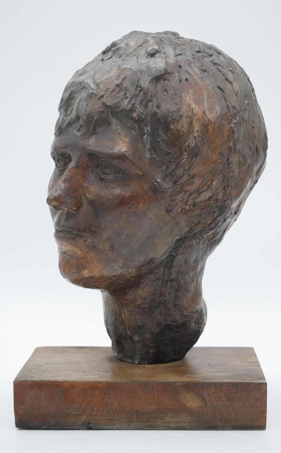 A sculpted bronze head of a female figure. Mounted on a wooden base. H.42cm - Image 2 of 5