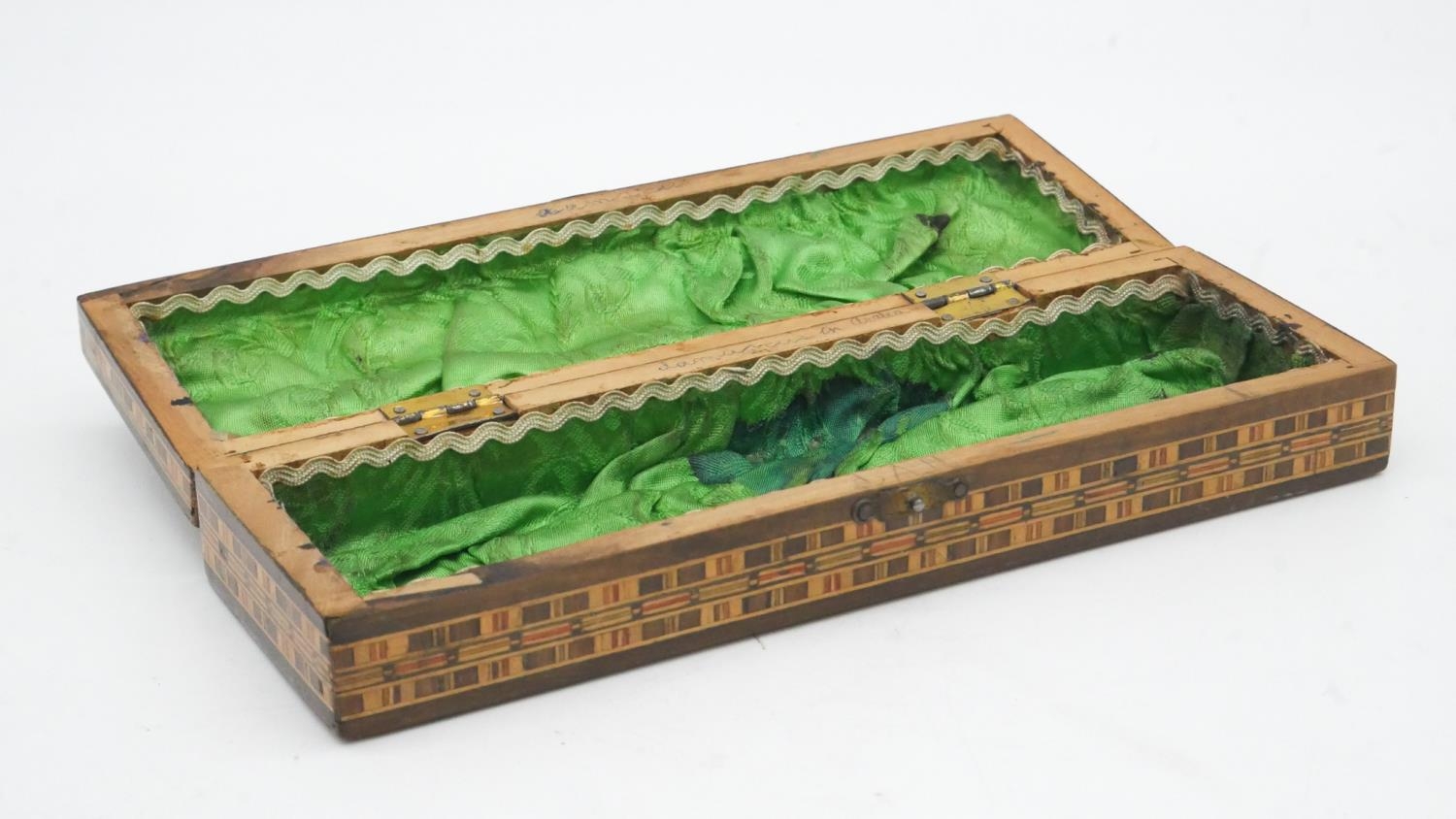 A 19th century walnut Tunbridge inlaid jewellery box and two Damascus style inlaid pen boxes. L.28cm - Image 6 of 8