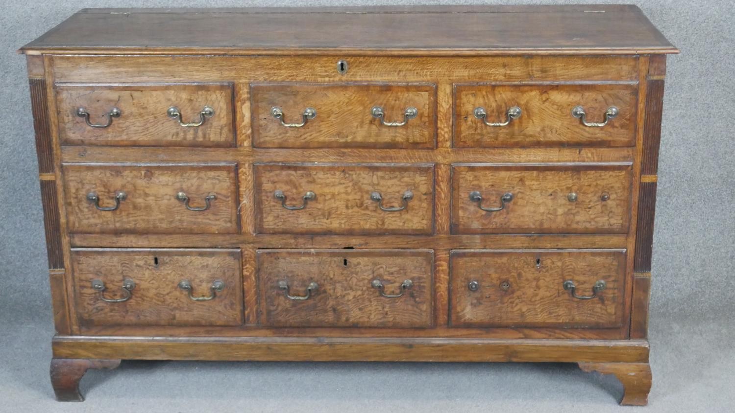A George lll Lancashire mule chest with lift up lid and two rows of dummy drawers above three base - Image 6 of 6