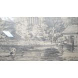 A framed and glazed pencil drawing on paper of a lake scene with wooden house and boat on the