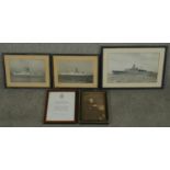 A collection of framed and glazed naval photos. Including three of WW2 warships (HMS Scorpion, HMS