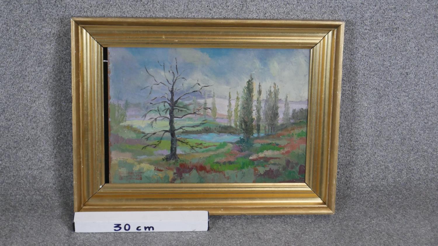 Jean Baptiste Grancher (1911-1974). A gilt framed oil on board, landscape, gallery label to the - Image 7 of 7