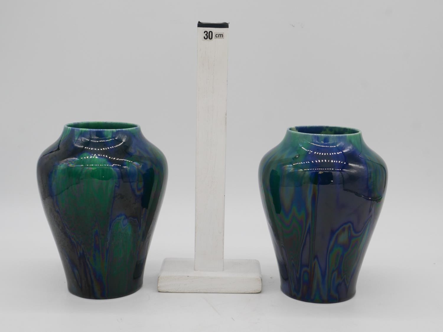 A pair of vintage Podmore and Sons Ltd fritz oil slick blue and green glazed ceramic vases. Makers - Image 2 of 3