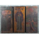 A triptych of painted religious icons on wood panel, with gilded details. H.47 W.20cm