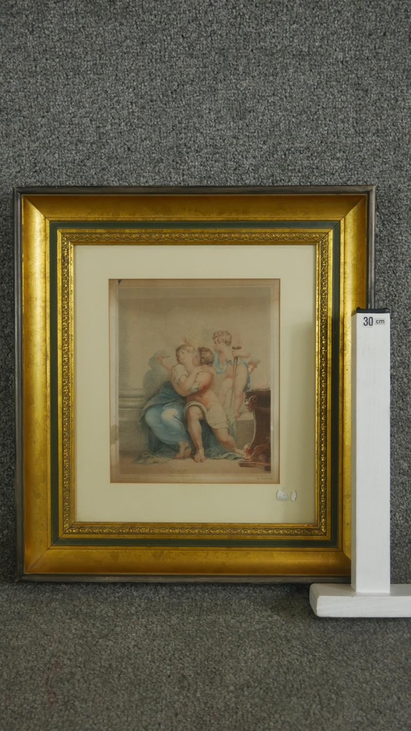 A gilt framed and glazed 19th century hand coloured engraving of a pair of young lovers with - Image 7 of 7