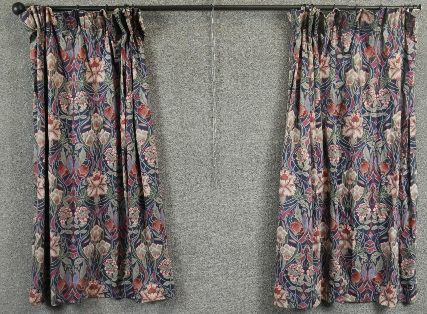 A pair of William Morris style floral and foliate design silk mix lined curtains. H.115 W.150cm - Image 2 of 4