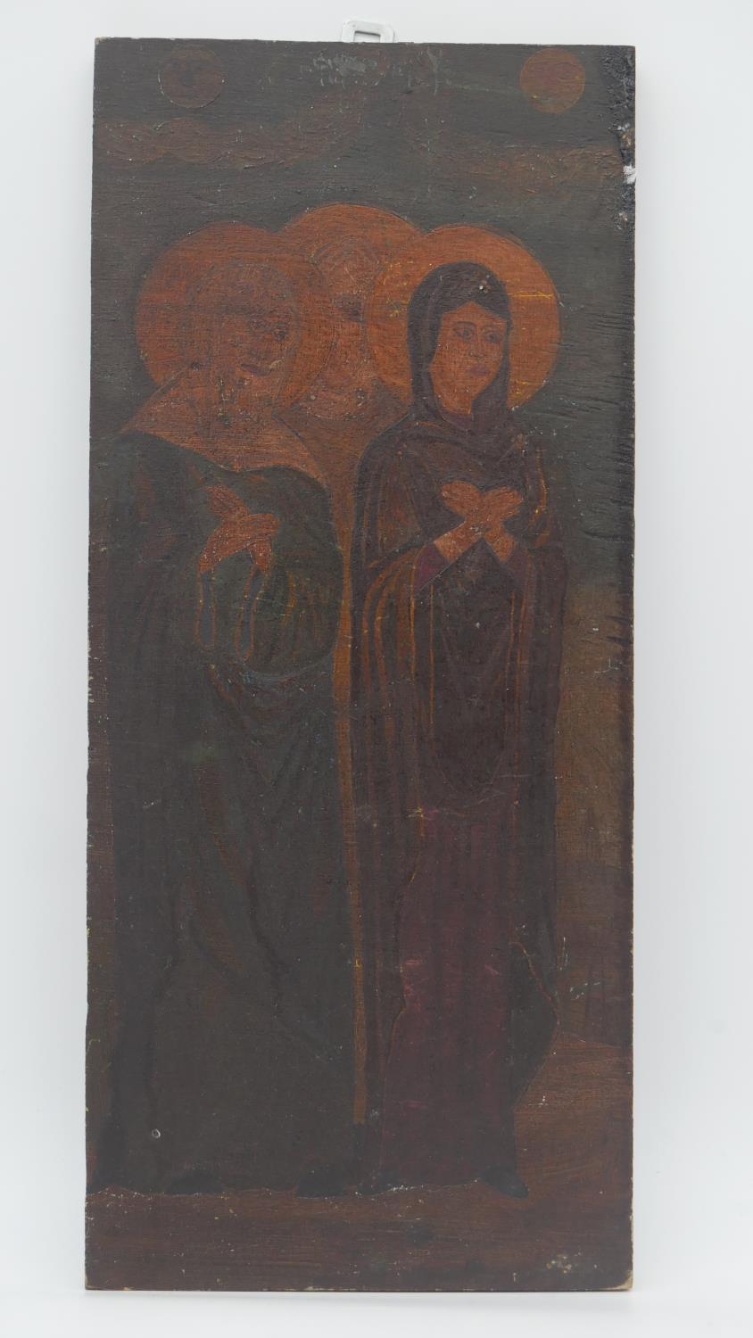 A triptych of painted religious icons on wood panel, with gilded details. H.47 W.20cm - Image 2 of 6
