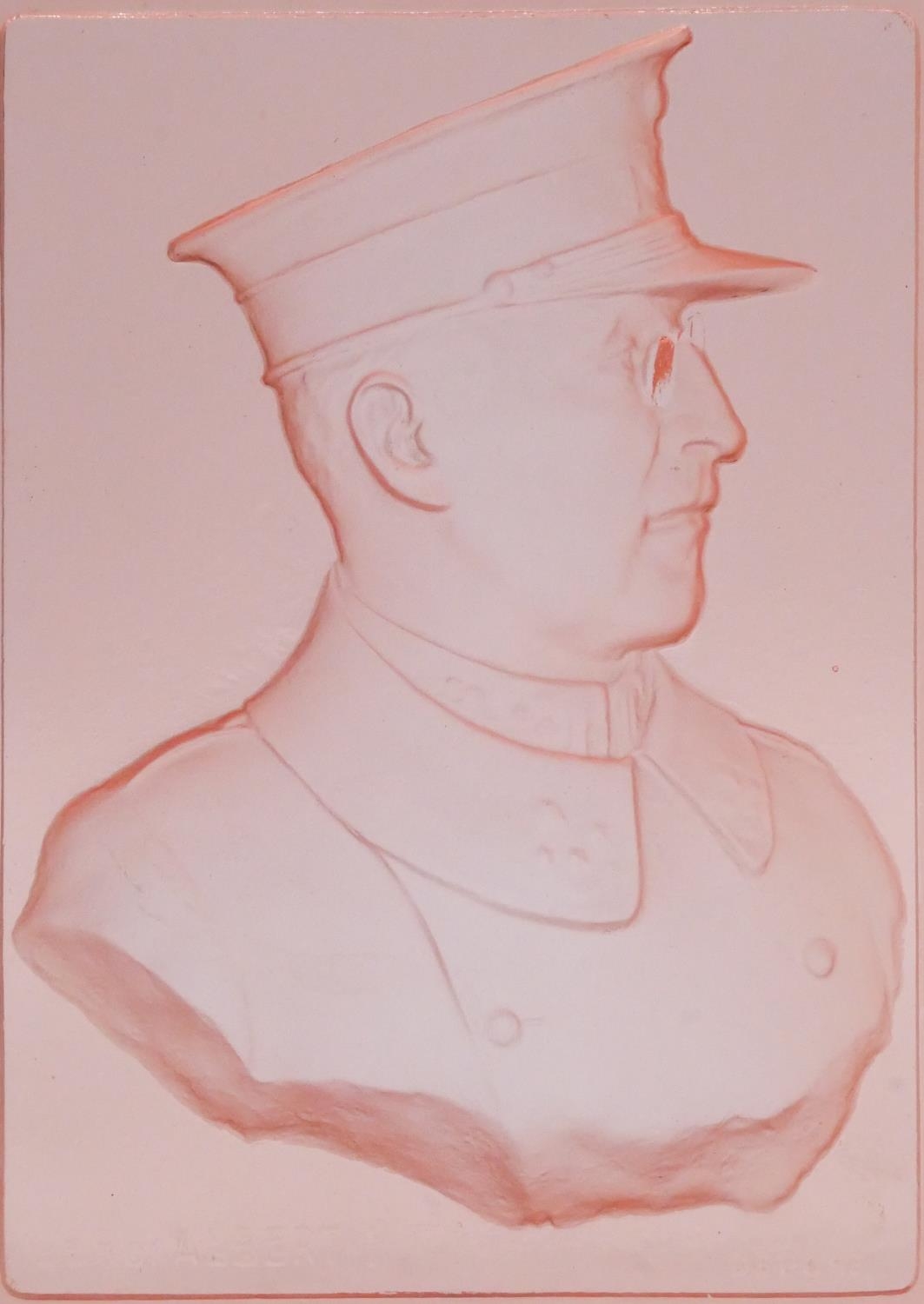 A Val St Lambert peach intaglio glass panel with a male military profile in relief. H.18 W.14cm - Image 2 of 6