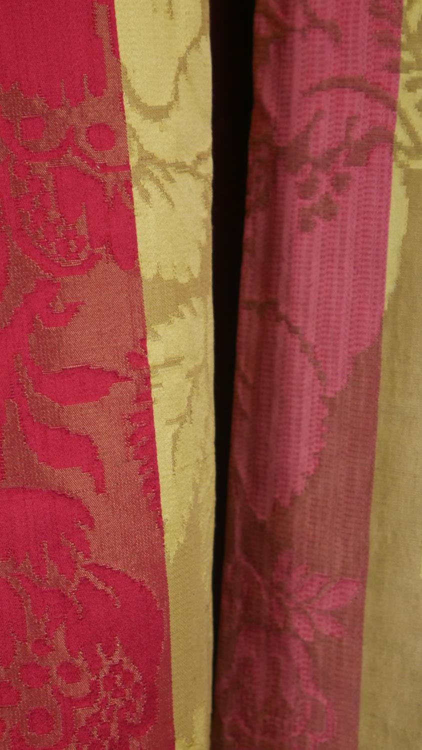 A pair of silk mix red, gold and cream striped lined curtains with a stylised floral and foliate - Image 3 of 5