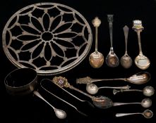 A collection of silver and silver plated teaspoons and other silver items. Including a pierced