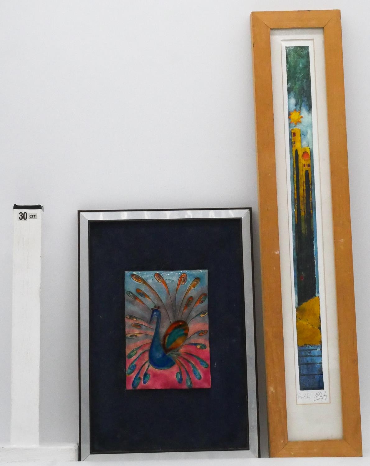 A framed and glazed enamel artwork of a peacock, unsigned and a framed and a glazed ceramic - Image 9 of 9