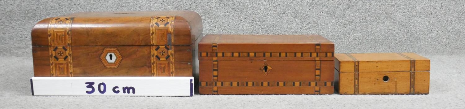 Three various 19th century Tunbridge inlaid hinged lidded walnut boxes. - Image 5 of 5