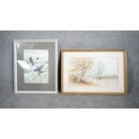 Two framed and glazed watercolours. One of a river with cows and one of swallows. H.46 W.66
