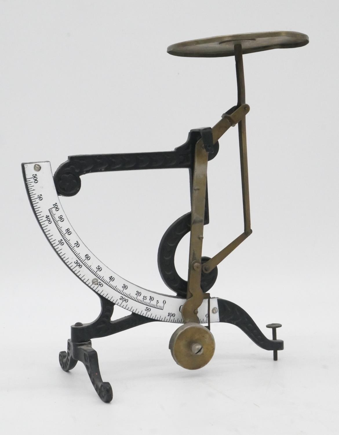 Two sets of vintage cast iron and brass letter scales. One with a white enamel scale and foliate - Image 3 of 8