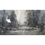 Victor Kelly RBSA, PPBWS - A framed and glazed watercolour on paper of a winter lake with trees.