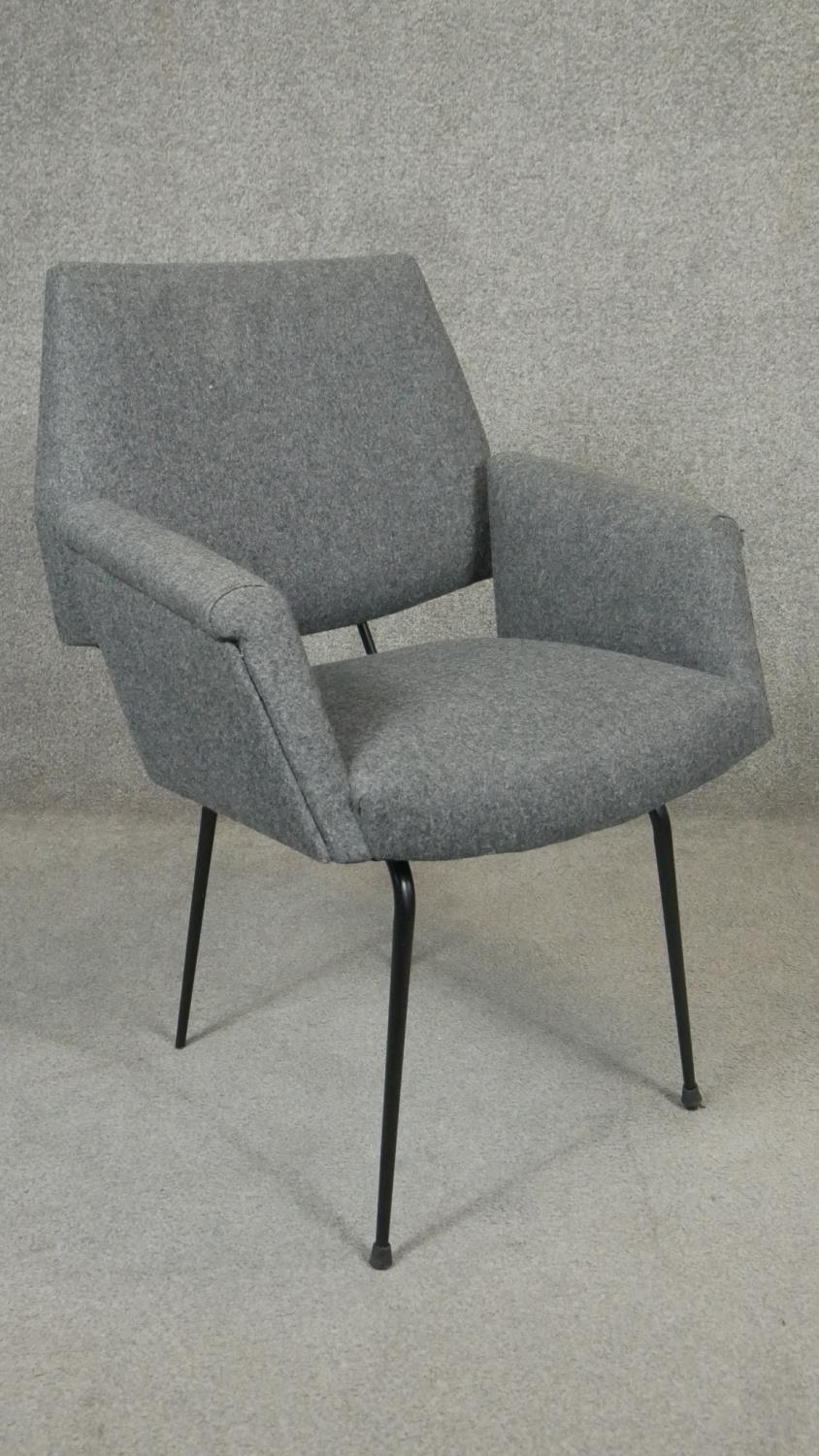 A pair of vintage upholstered armchairs on metal frames. H.84cm (One seat loose as photographed). - Image 2 of 3
