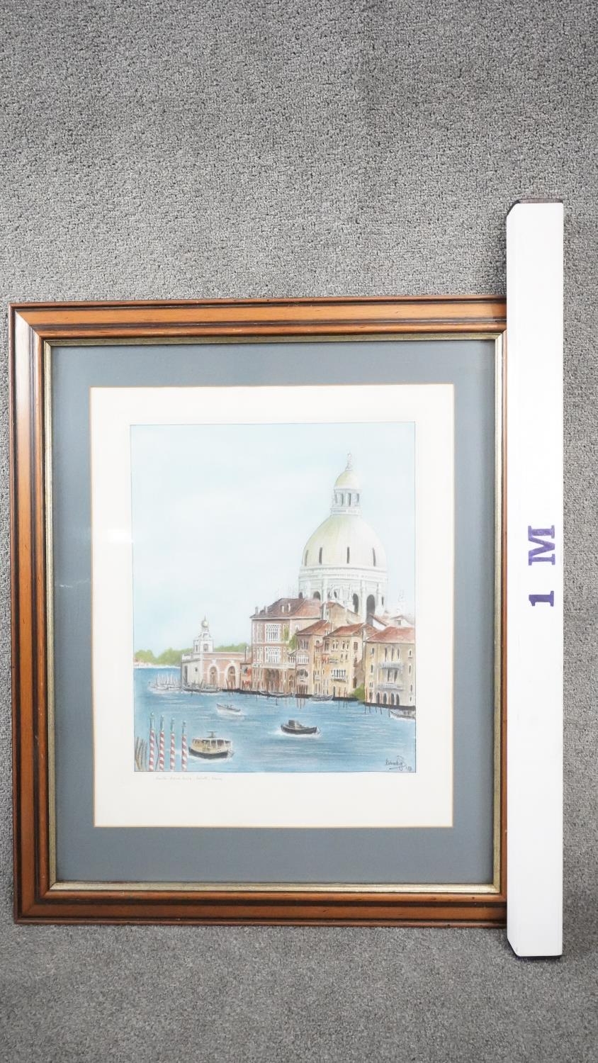 A framed and glazed watercolour of Santa Maura Della Salute. Indistinctly signed. H.89 W.75 - Image 3 of 6