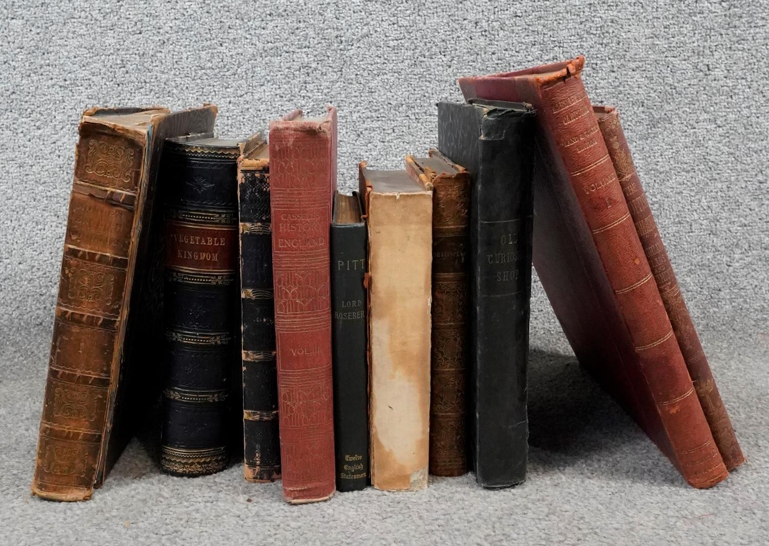 A collection of ten antique books. Including Vegetable Kingdom, The Old Curiosity Shop and Classic