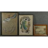 Three antique framed and glazed embroideries. Two Oriental silk embroideries, one of a peacock and
