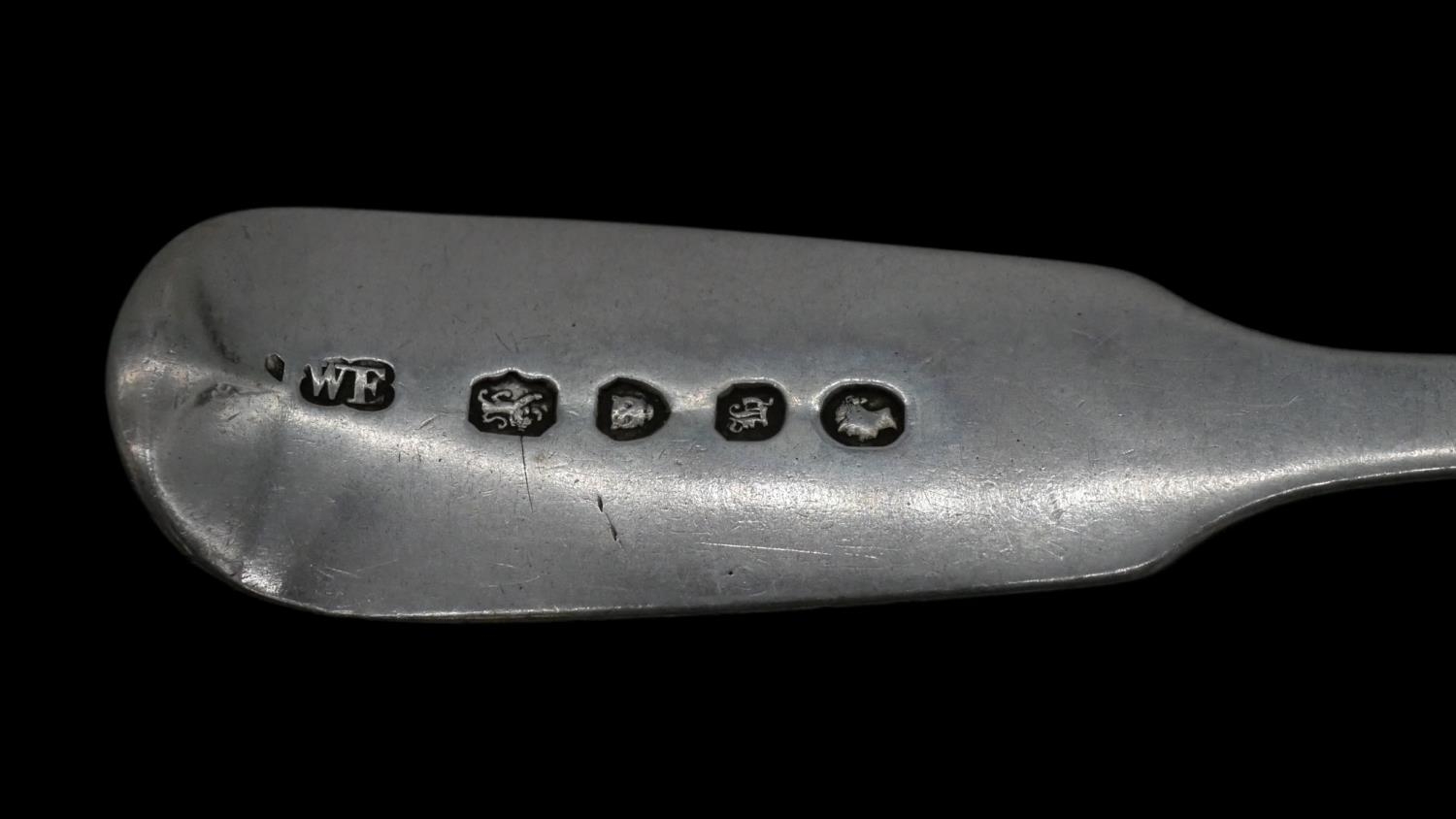 A collection of six silver dessert spoons. Including a pair of Russian silver spoons, maker - Image 5 of 6