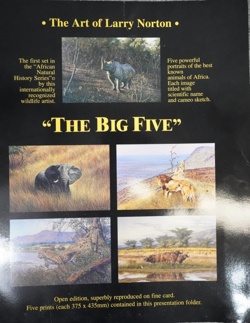 A set of five Larry Norton prints of the 'Big Five' safari animals in presentation folder. There are