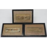 Three antique framed and glazed hand embroidered silk ribbon pictures by Thomas Stevens; The