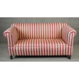 A 19th century sofa in striped reupholstery on turned mahogany supports. H.86 L.178 D.82cm