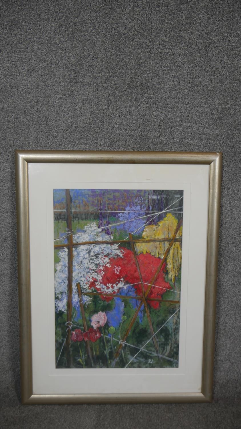 A framed and glazed pastel, Cottage Garden, monogrammed JV with label to the reverse. H.75 W.57cm - Image 2 of 6