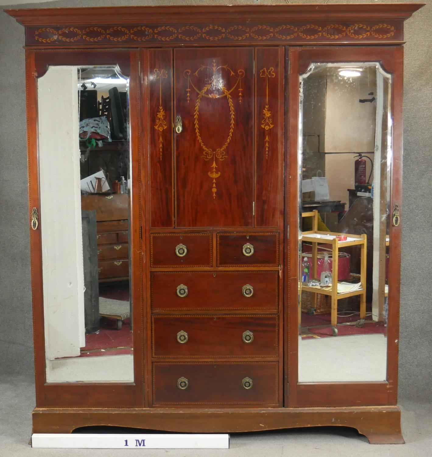 A C.1900 mahogany triple section compactum wardrobe with satinwood scrolling foliate, ribbon and - Image 2 of 9
