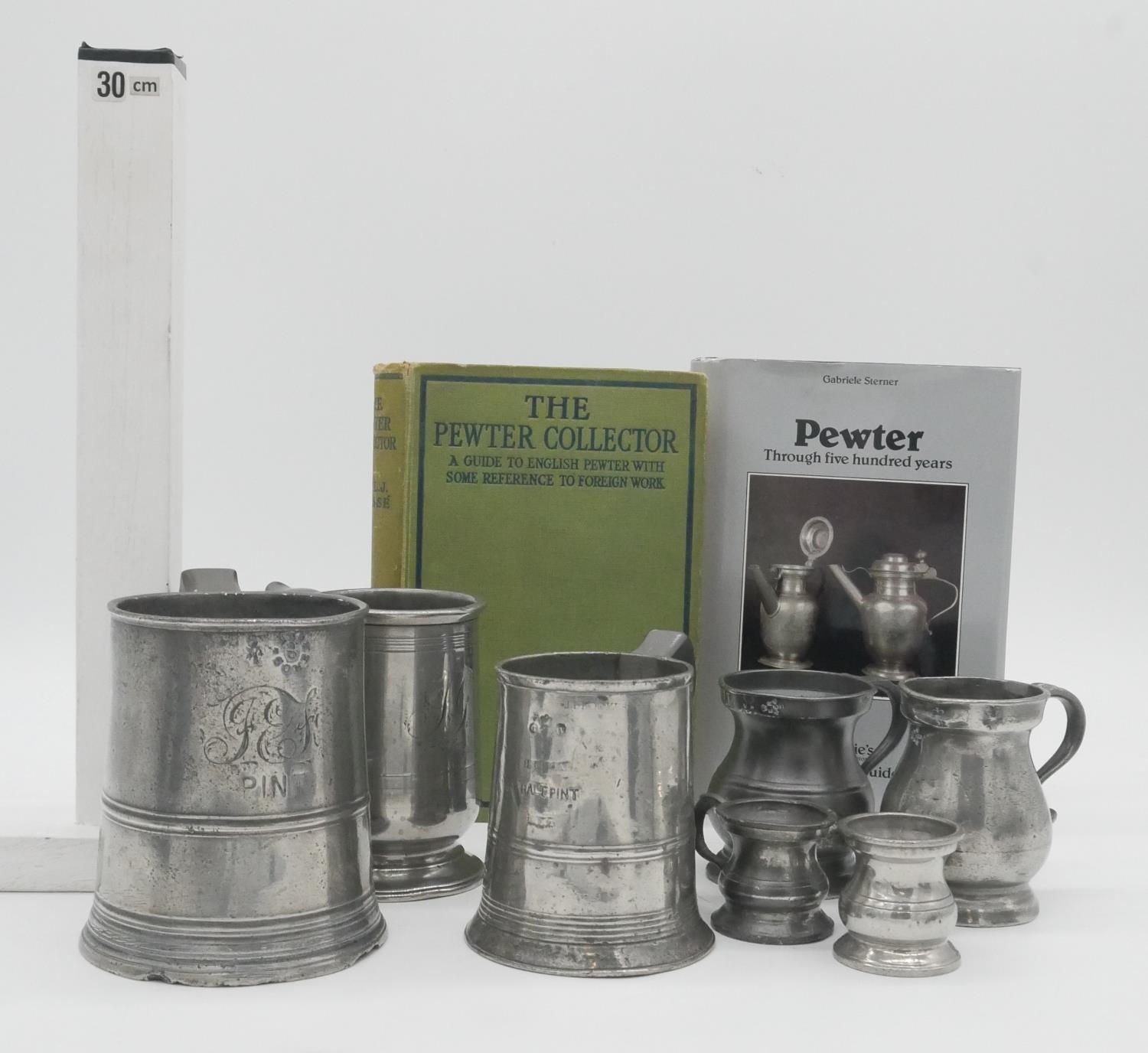 A collection of 19th century pewter and two books on the history of pewter. The measures are a - Image 2 of 10
