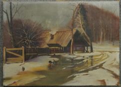 An oil on canvas of a cottage in the snow with chickens. Monogrammed and numbered. H.45 W.62cm