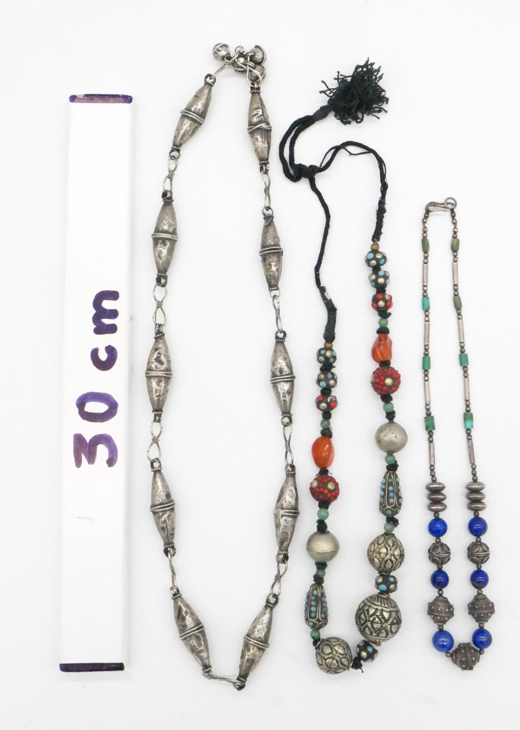 Three white metal and gemstone necklaces. One comprised of hollow silver plated elliptical beads - Image 5 of 5