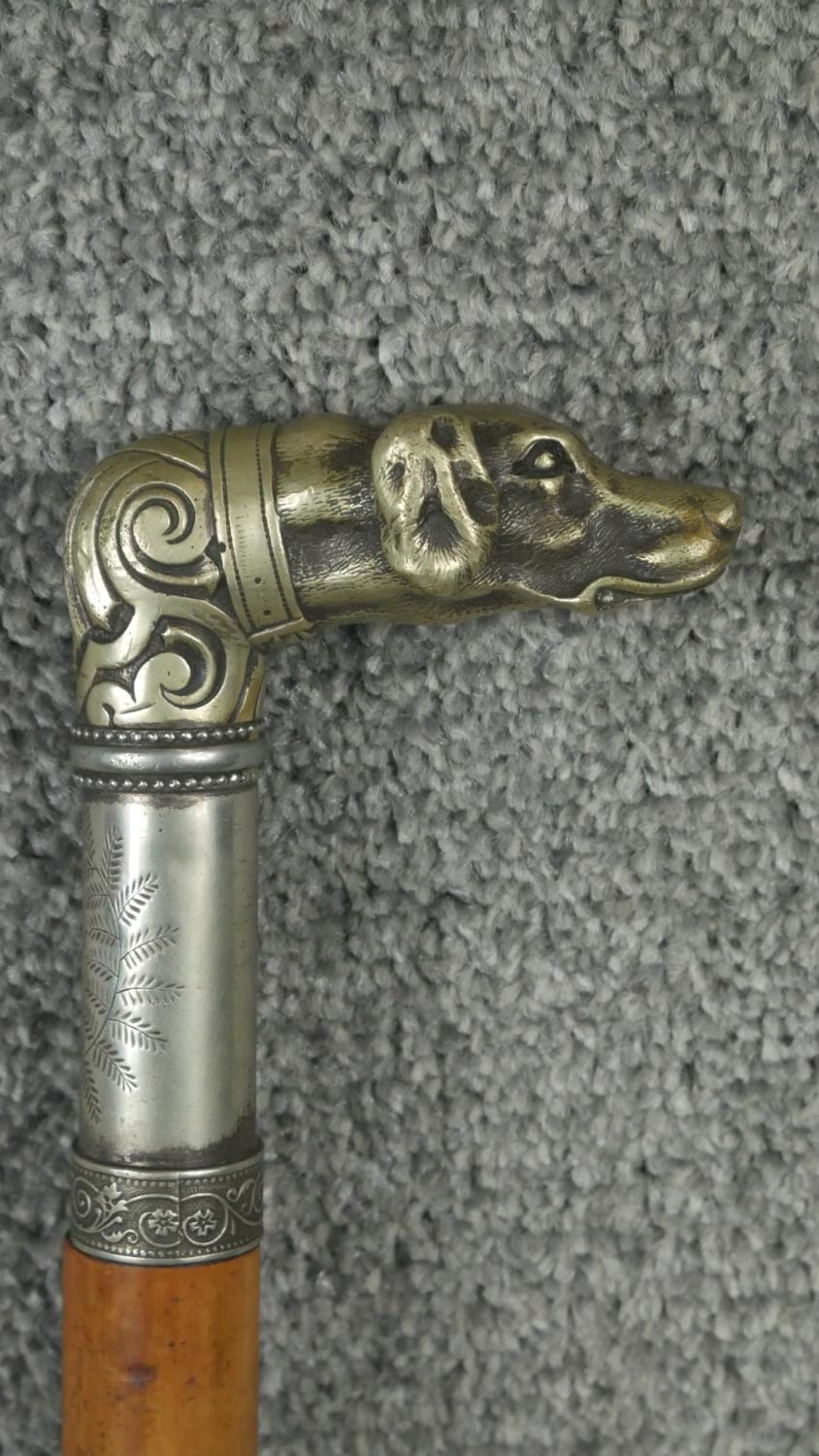An antique silver plated walking cane with a dogs head finial and fern engraved white metal - Image 2 of 4