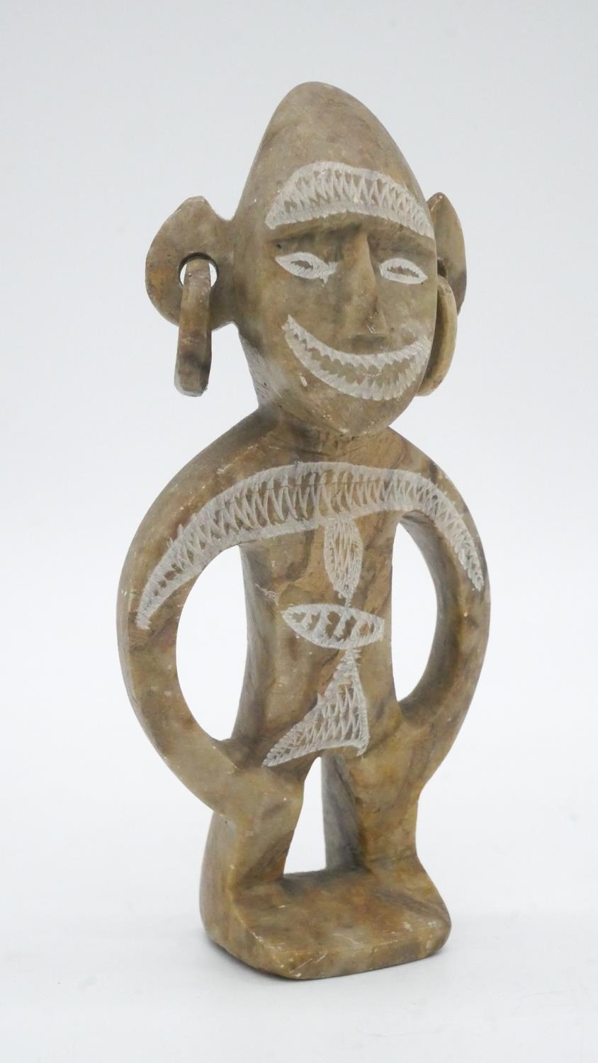 A collection of seven carved hardstone tribal figures, two of faces with hanging loops. H.16cm - Image 4 of 7