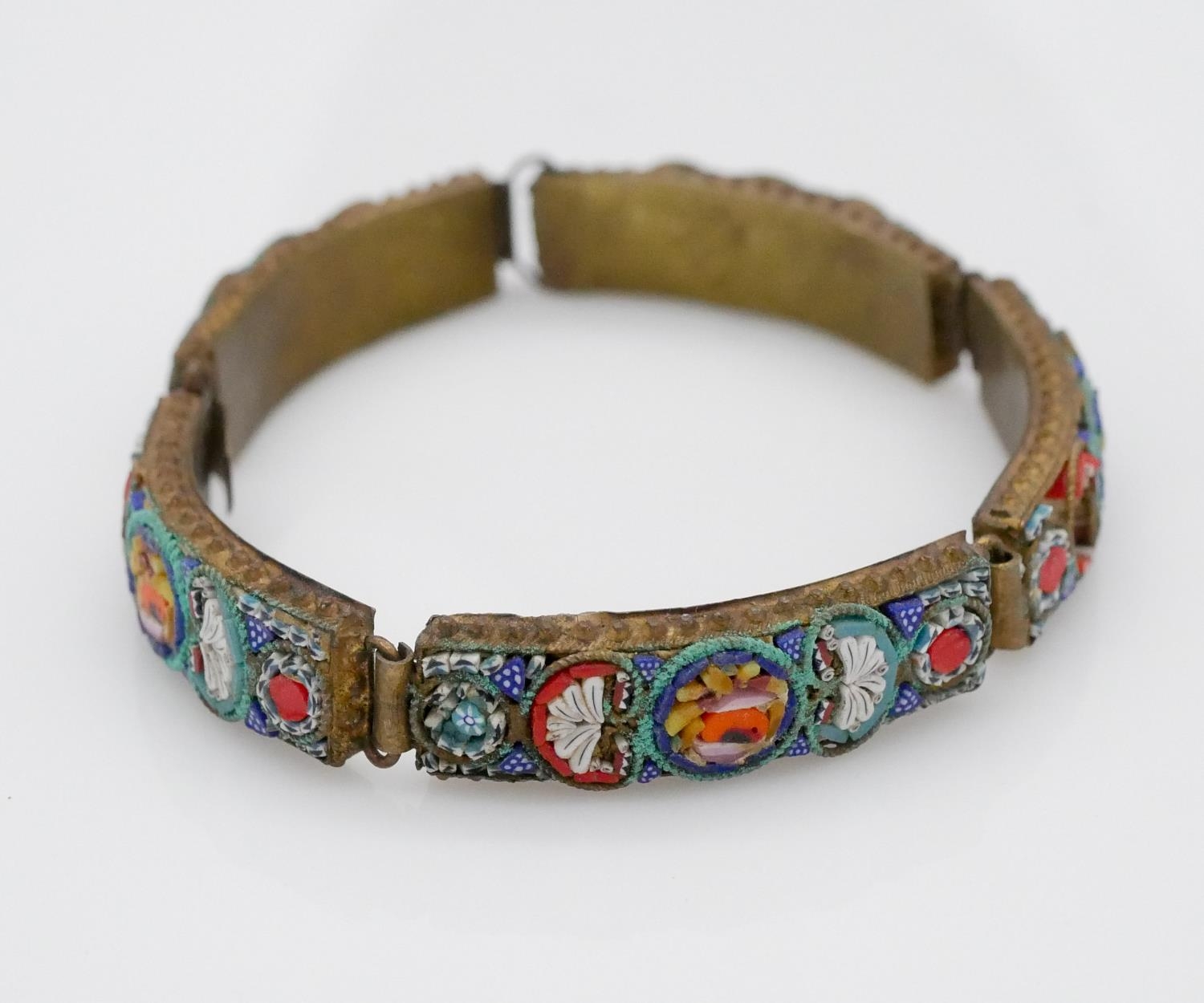 A Peking enamel panel articulated bracelet, a micro mosaic floral design bracelet and two white - Image 9 of 10