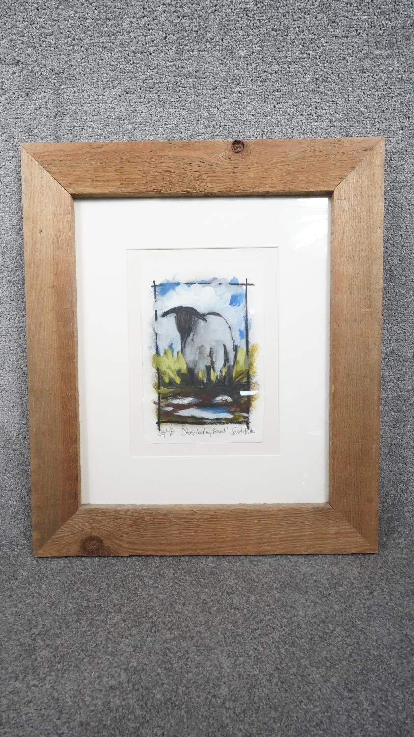 Sarah Hutton, a framed and glazed watercolour and oil on paper. Titled 'Sheep looking round', - Image 2 of 5