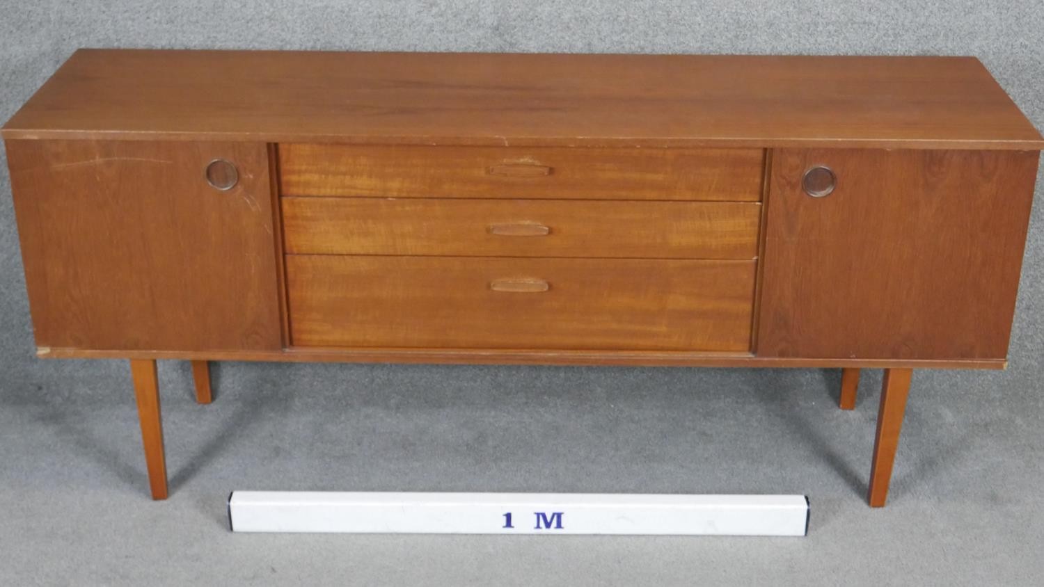 A vintage teak Avalon sideboard with cupboards and drawers on square tapering splay supports. H71 - Image 3 of 5