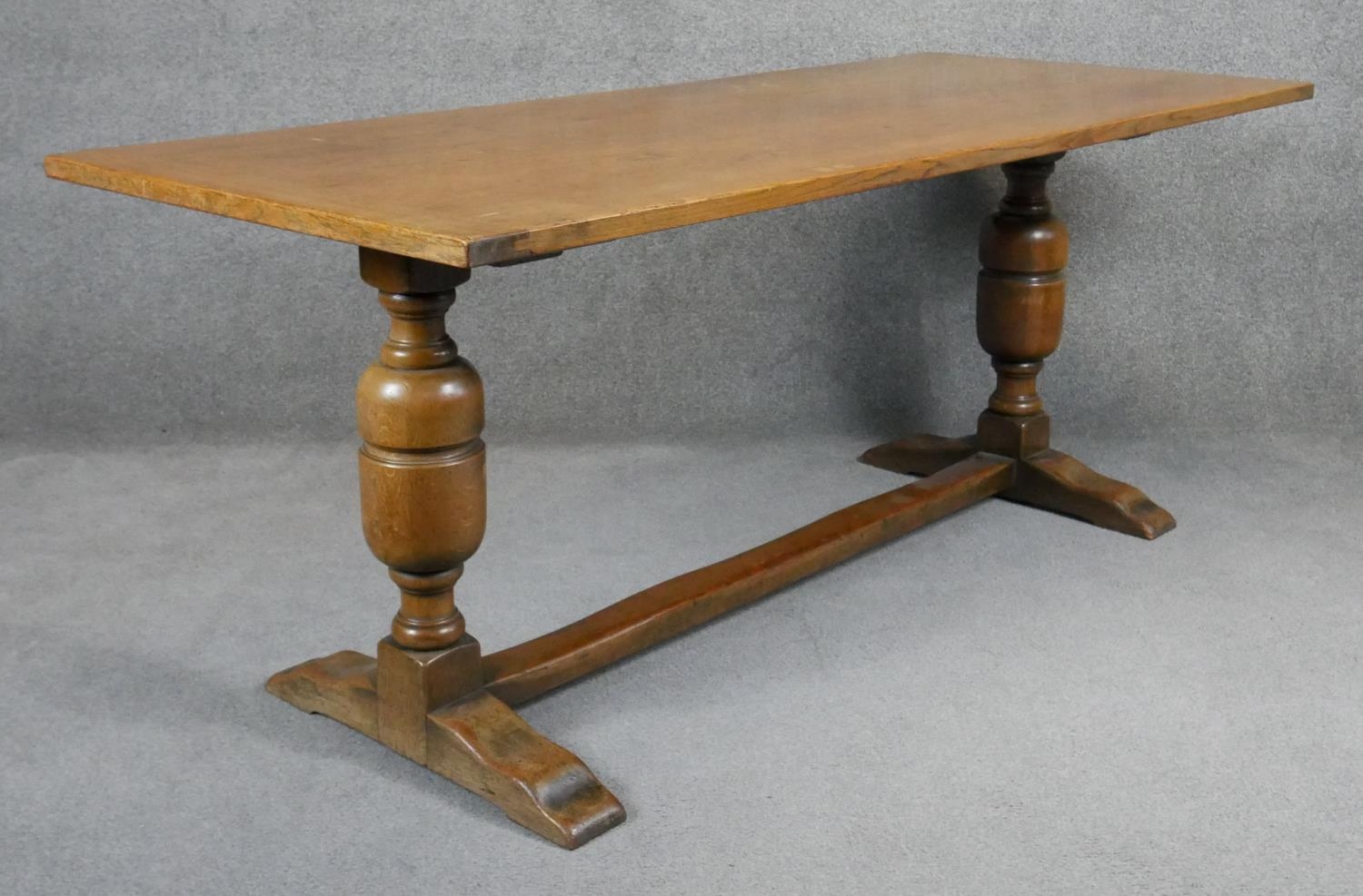 A mid century oak Jacobean style refectory dining table with planked and cleated top on baluster - Image 2 of 5