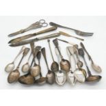 A large collection of silver plate cutlery. Including grape scissors, fish knives and various tea
