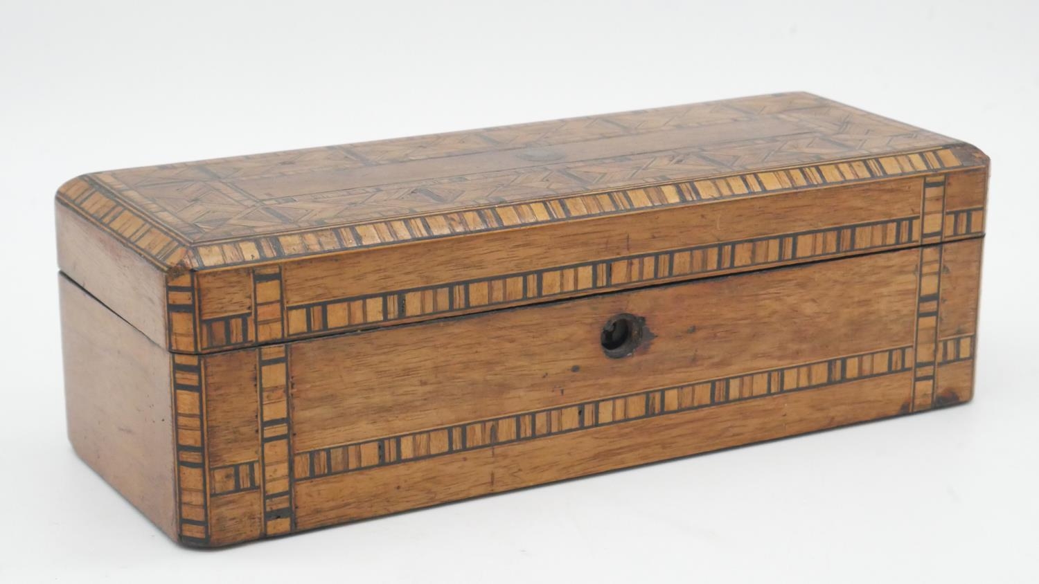 A 19th century walnut Tunbridge inlaid jewellery box and two Damascus style inlaid pen boxes. L.28cm - Image 3 of 8