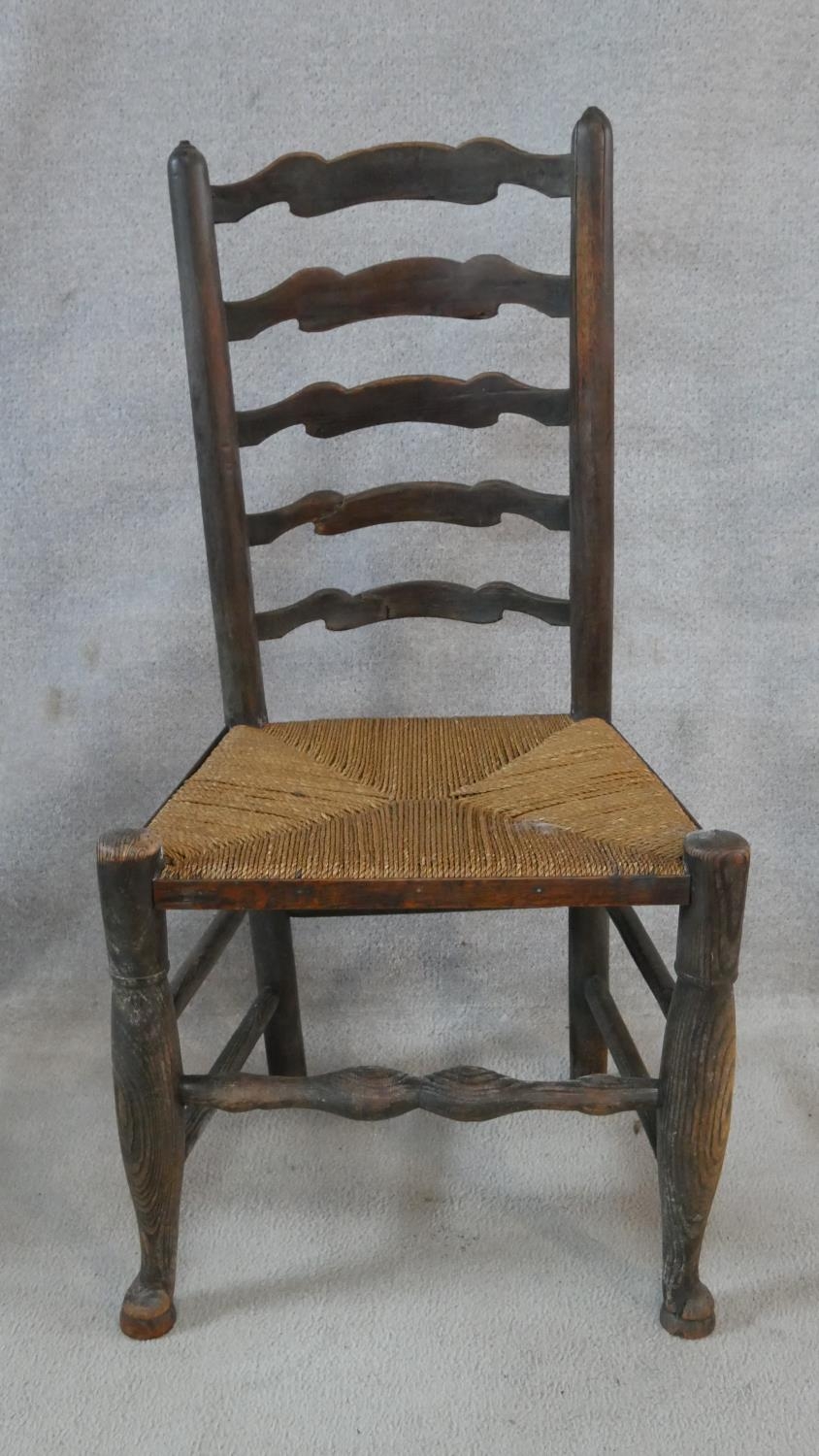 A matched set of six 19th century elm Lancashire ladderback dining chairs on turned stretchered - Image 4 of 10