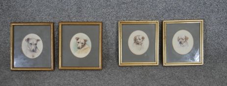 Two pairs of framed and glazed dog watercolour portraits, each bearing monogram. H.17 W.16cm