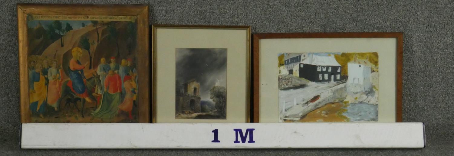 A framed print of a religious icon with gilded detailing along with a framed and glazed oil on - Image 5 of 5